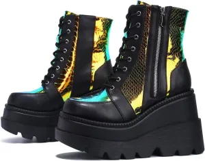 ZHOUYF Women Chunky Platform Boots Fashion Round Toe Wedge Ankle Boots Lace-up Zip High Heel Combat Booties Thick Bottom Waterproof Motorcycle Goth Boots for Women