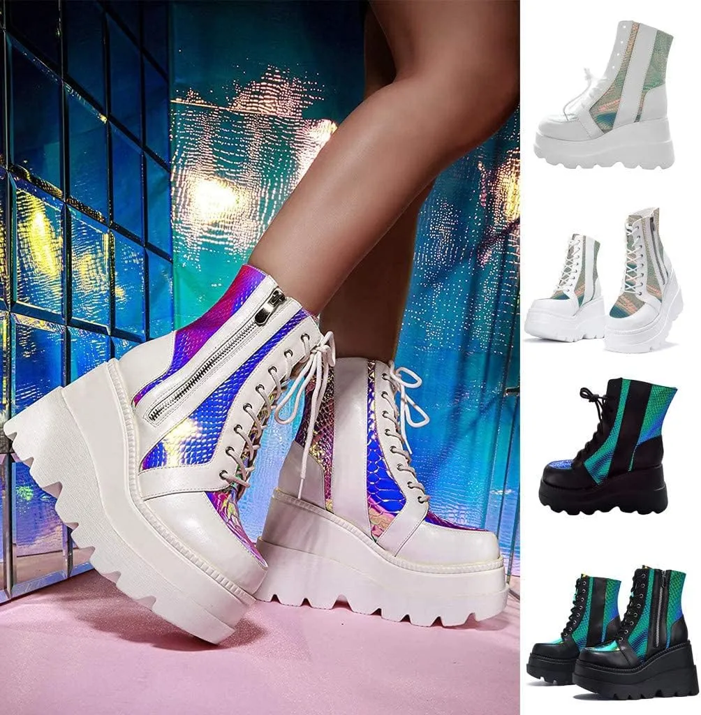 ZHOUYF Women Chunky Platform Boots Fashion Round Toe Wedge Ankle Boots Lace-up Zip High Heel Combat Booties Thick Bottom Waterproof Motorcycle Goth Boots for Women